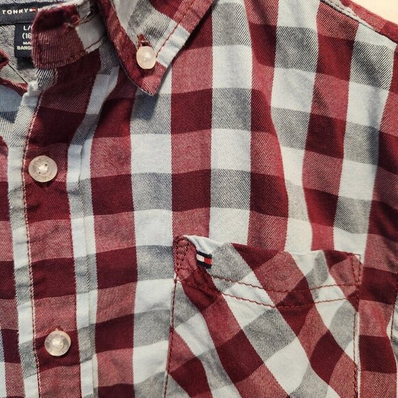 Tommy Hilfiger Button Down Shirt Youth Boys LG Long Sleeve‎ Maroon/Blue Plaid - Picture 6 of 6